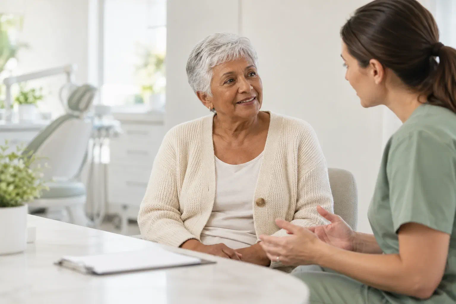 Illustrative older adult speaking directly with a clinician in a calm consultation setting