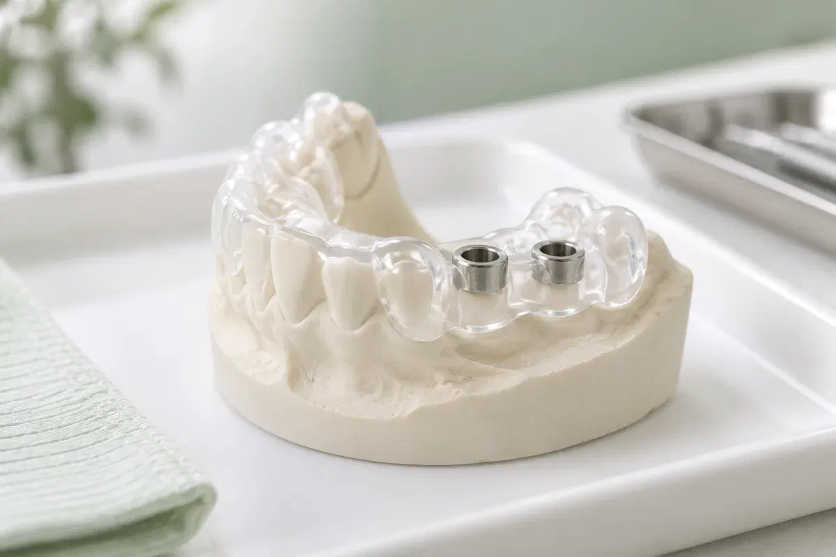 Transparent implant surgical guide with metal sleeves seated on a dental model