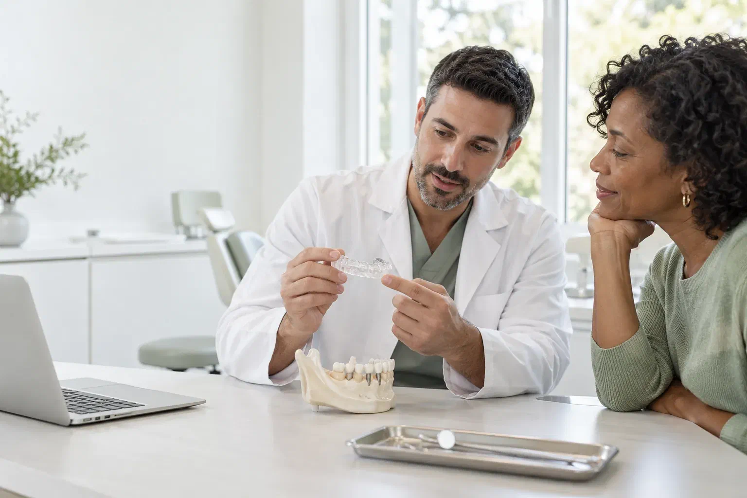 Illustrative dentist explaining a surgical guide during an implant consultation