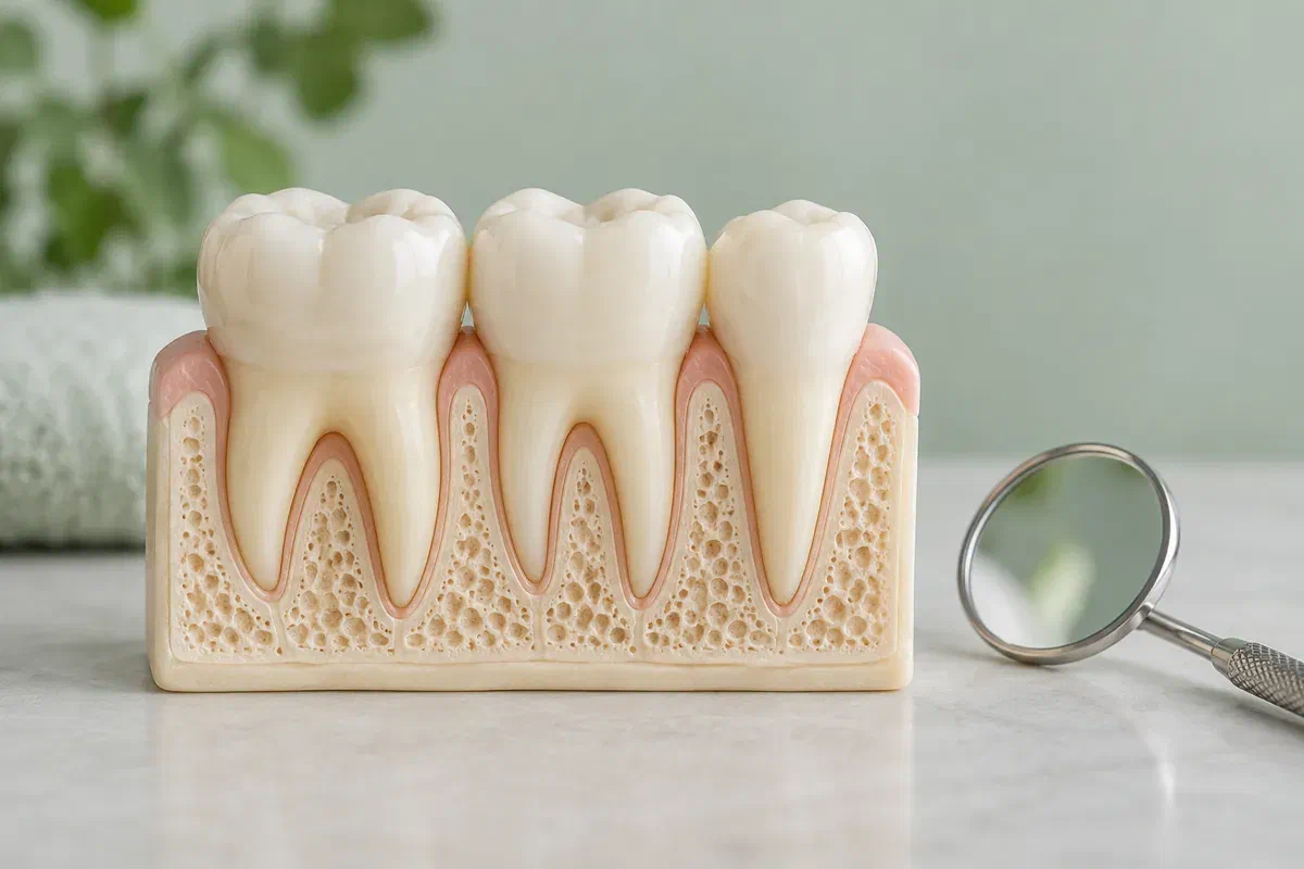 Illustrative physical model showing teeth supported by gum tissue and underlying bone