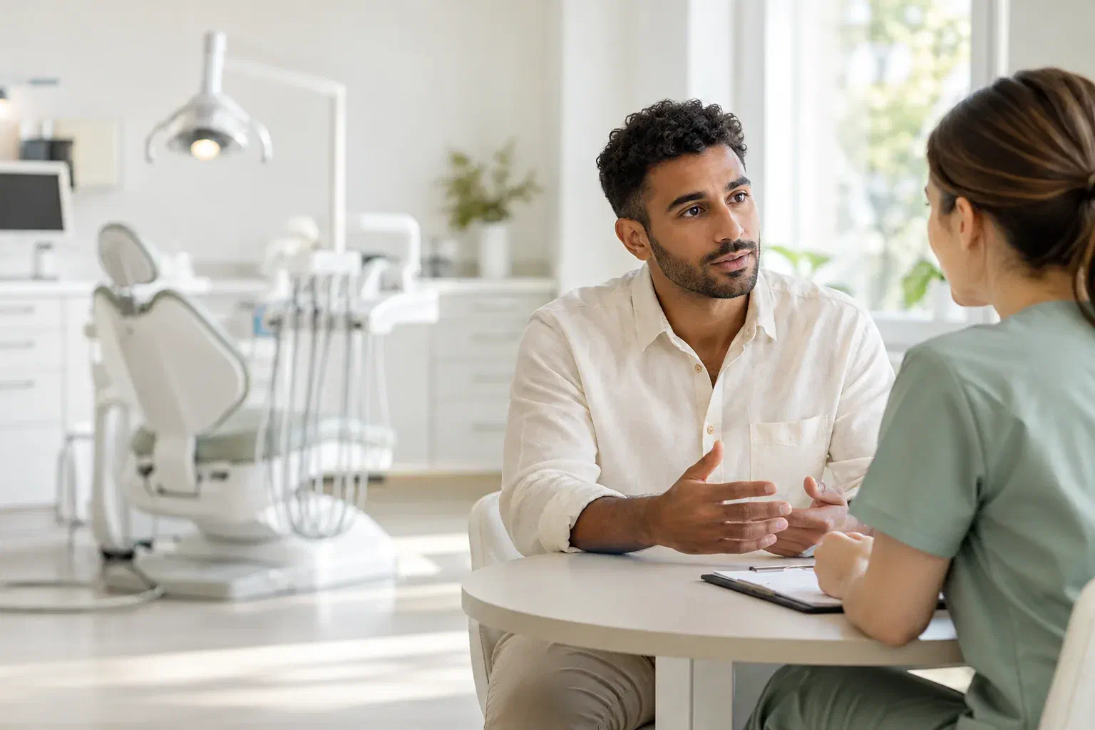 Illustrative adult describing a dental concern to a clinician in a consultation room