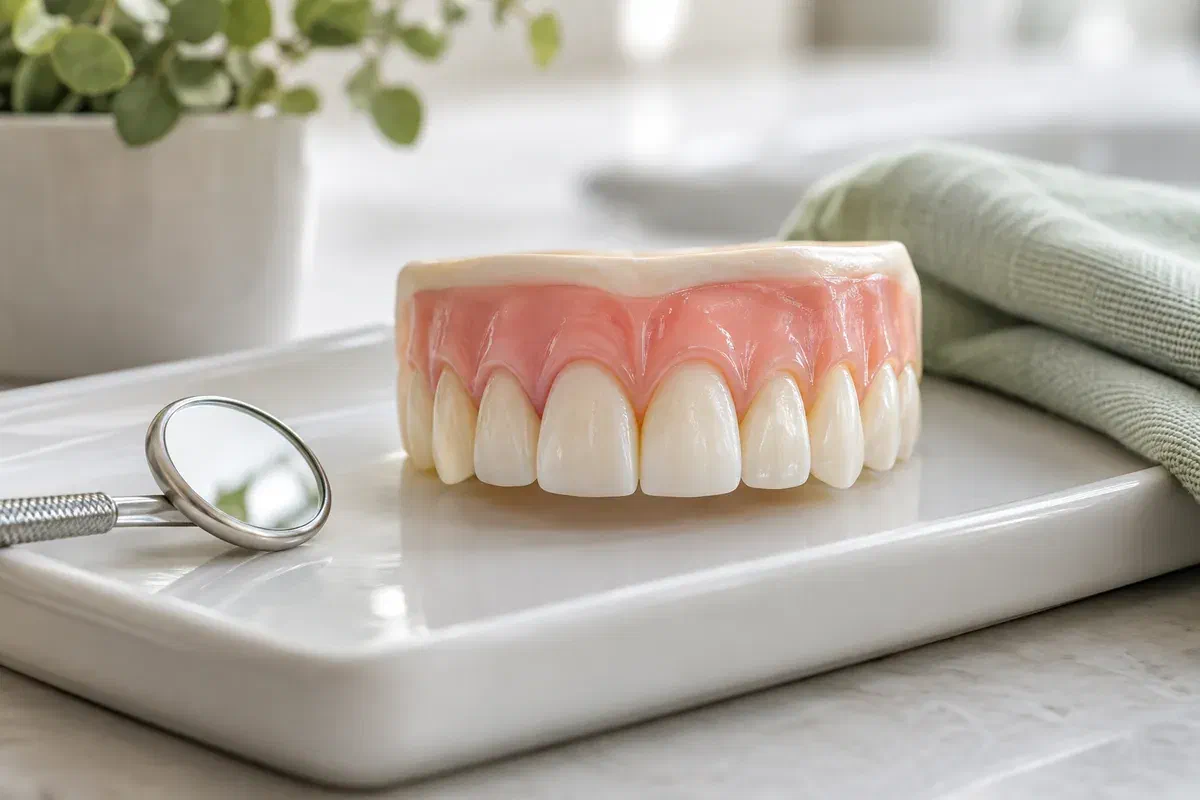 Illustrative front-teeth teaching model showing a gently scalloped gumline