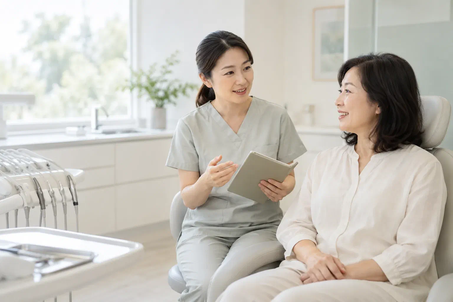 Illustrative patient discussing a gum-health assessment with a clinician
