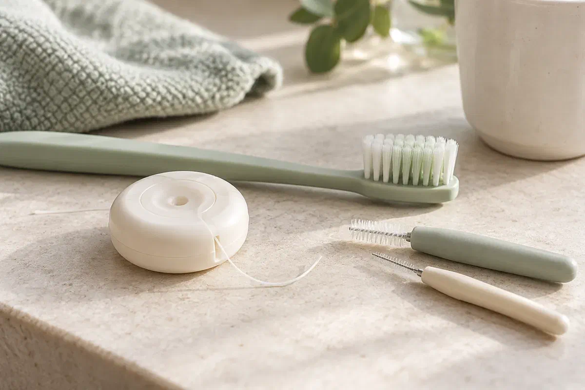 Illustrative soft toothbrush, floss, and interdental brushes arranged beside a ceramic cup
