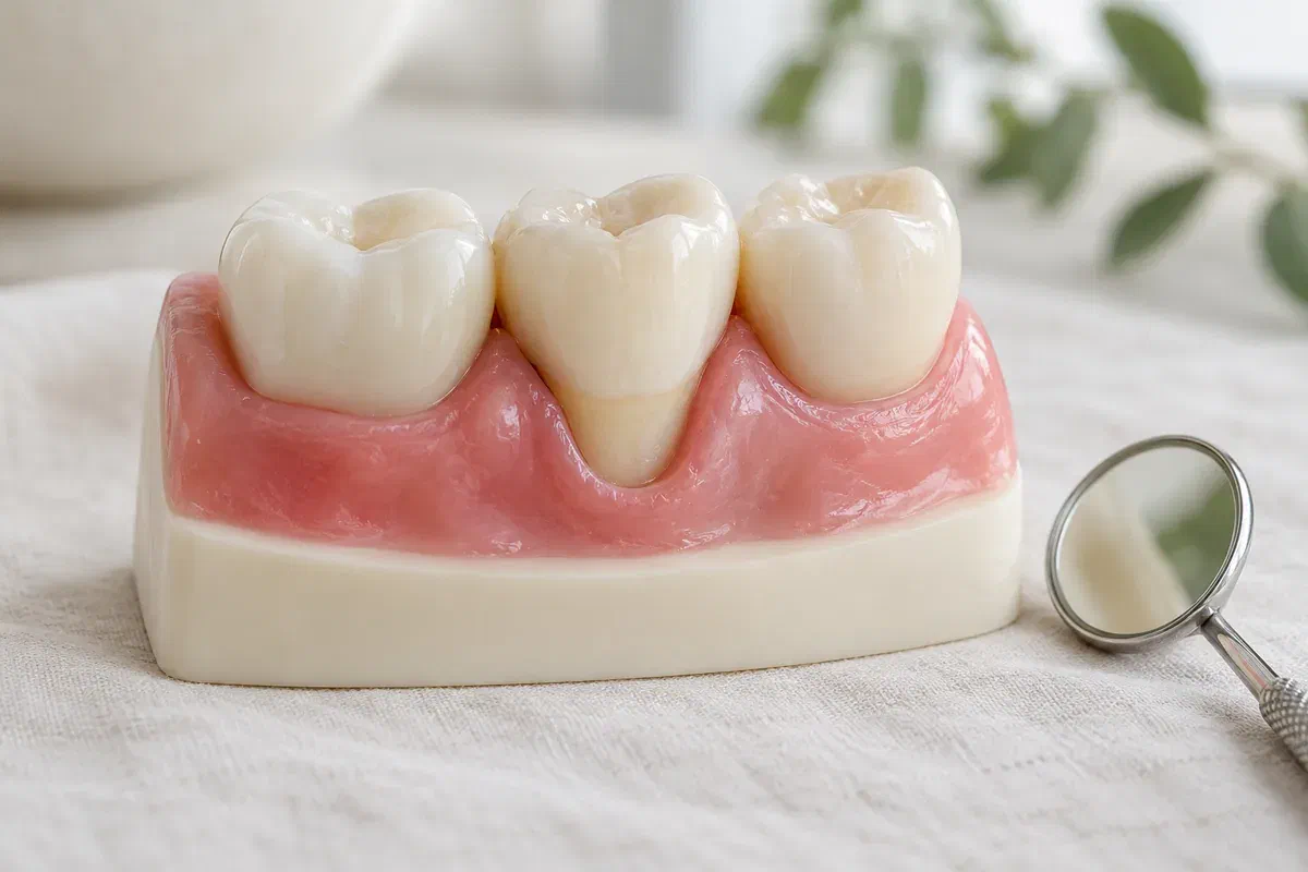 Illustrative physical tooth-and-gum model showing a localized lowered gum margin