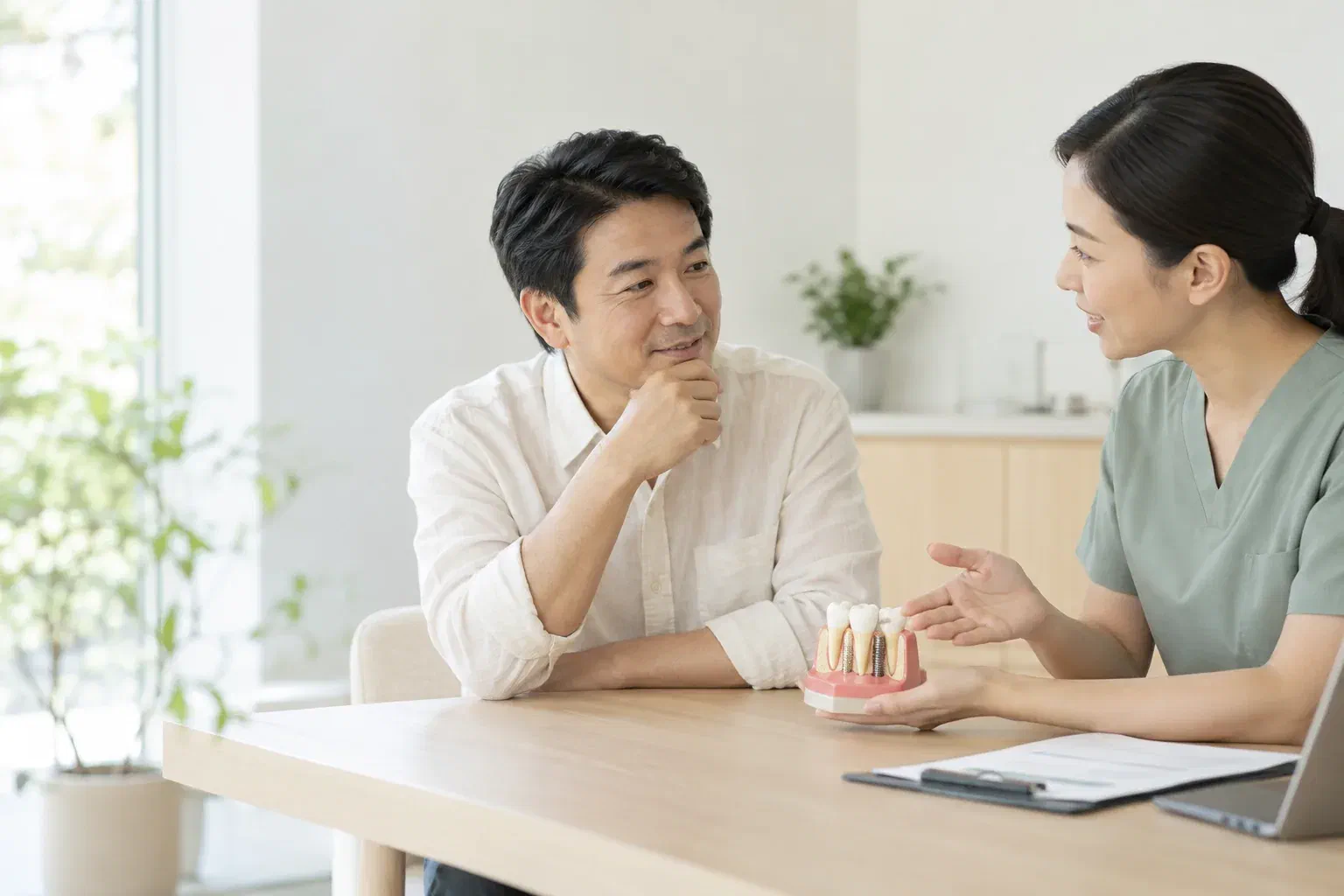 Illustrative patient and clinician discussing options beside a small gum model