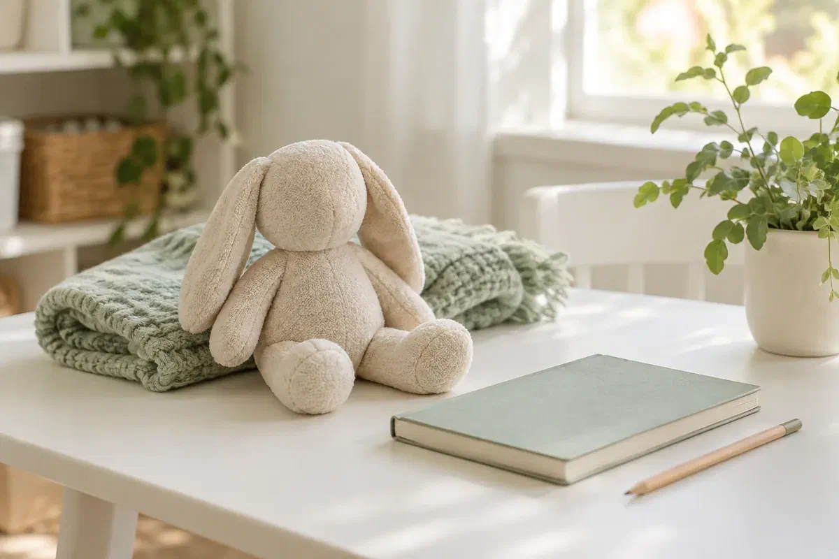 Illustrative soft comfort toy, blanket, and notebook for a supportive home routine
