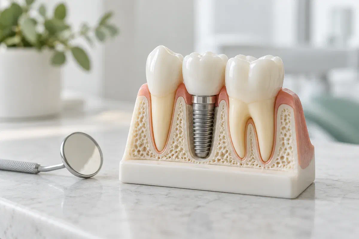 Educational cross-section model of an implant-supported tooth beside natural teeth