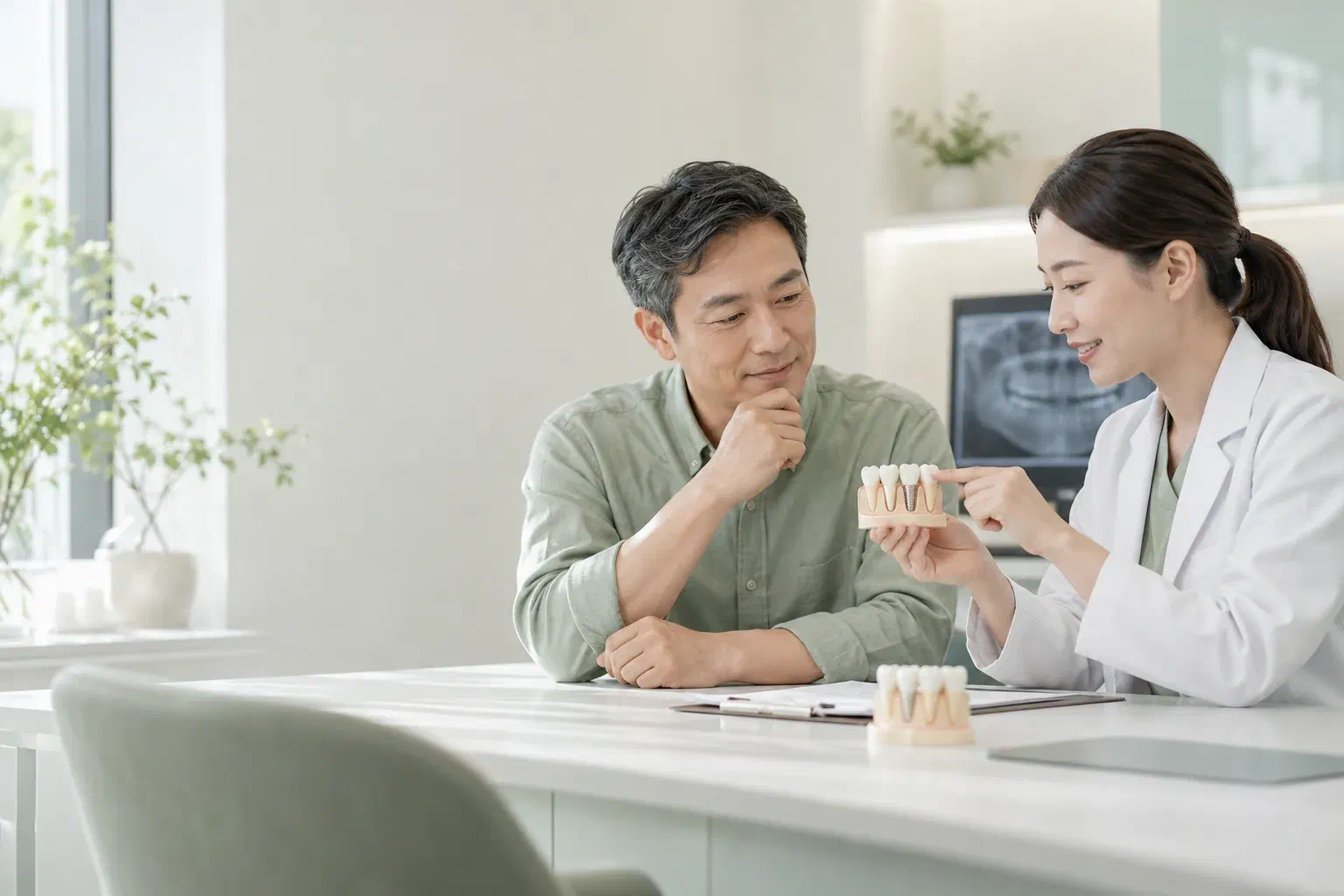 Illustrative consultation explaining the timing of implant tooth replacement