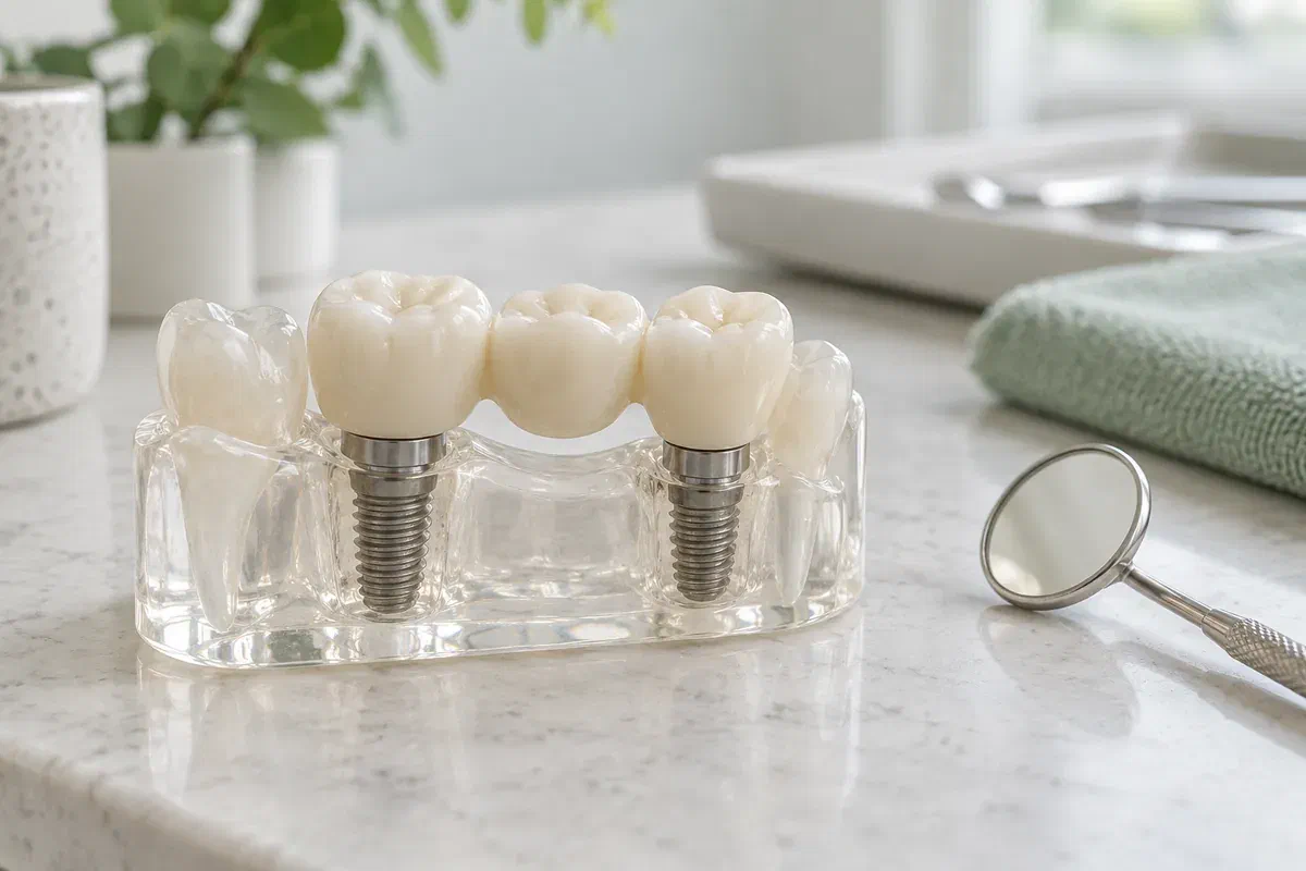 Teaching model of a short dental bridge supported by two implants