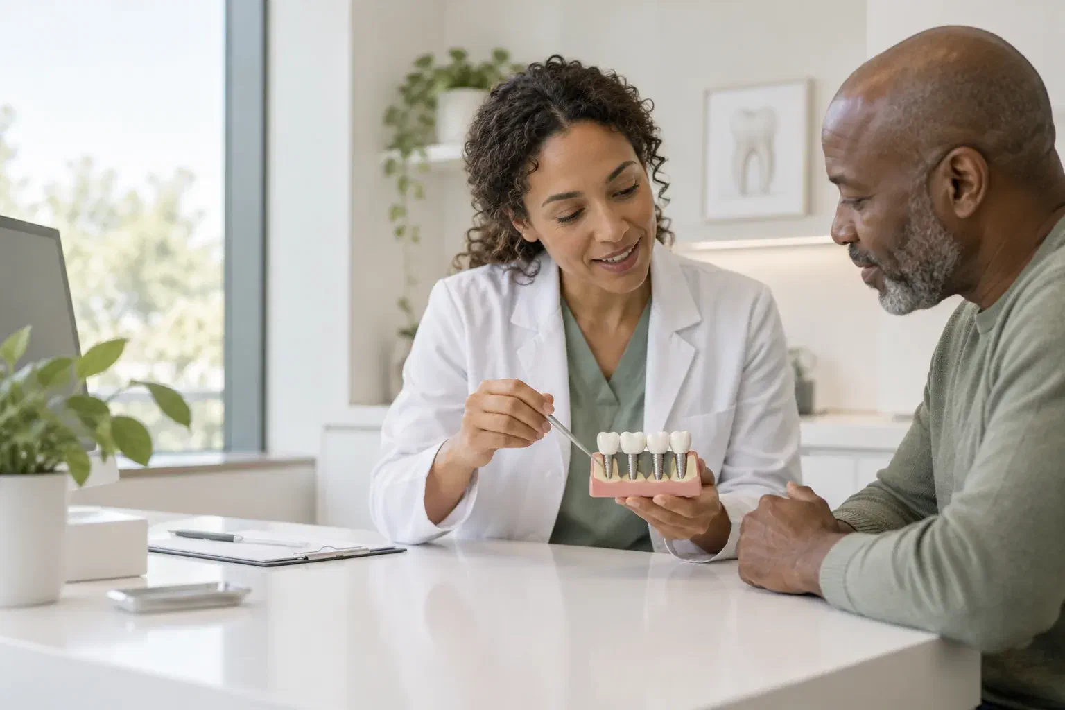 Illustrative consultation reviewing an existing implant-supported bridge