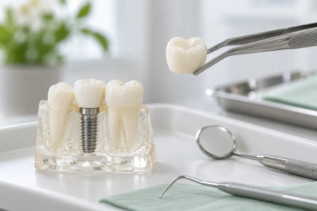 Ceramic replacement crown held beside an implant teaching model
