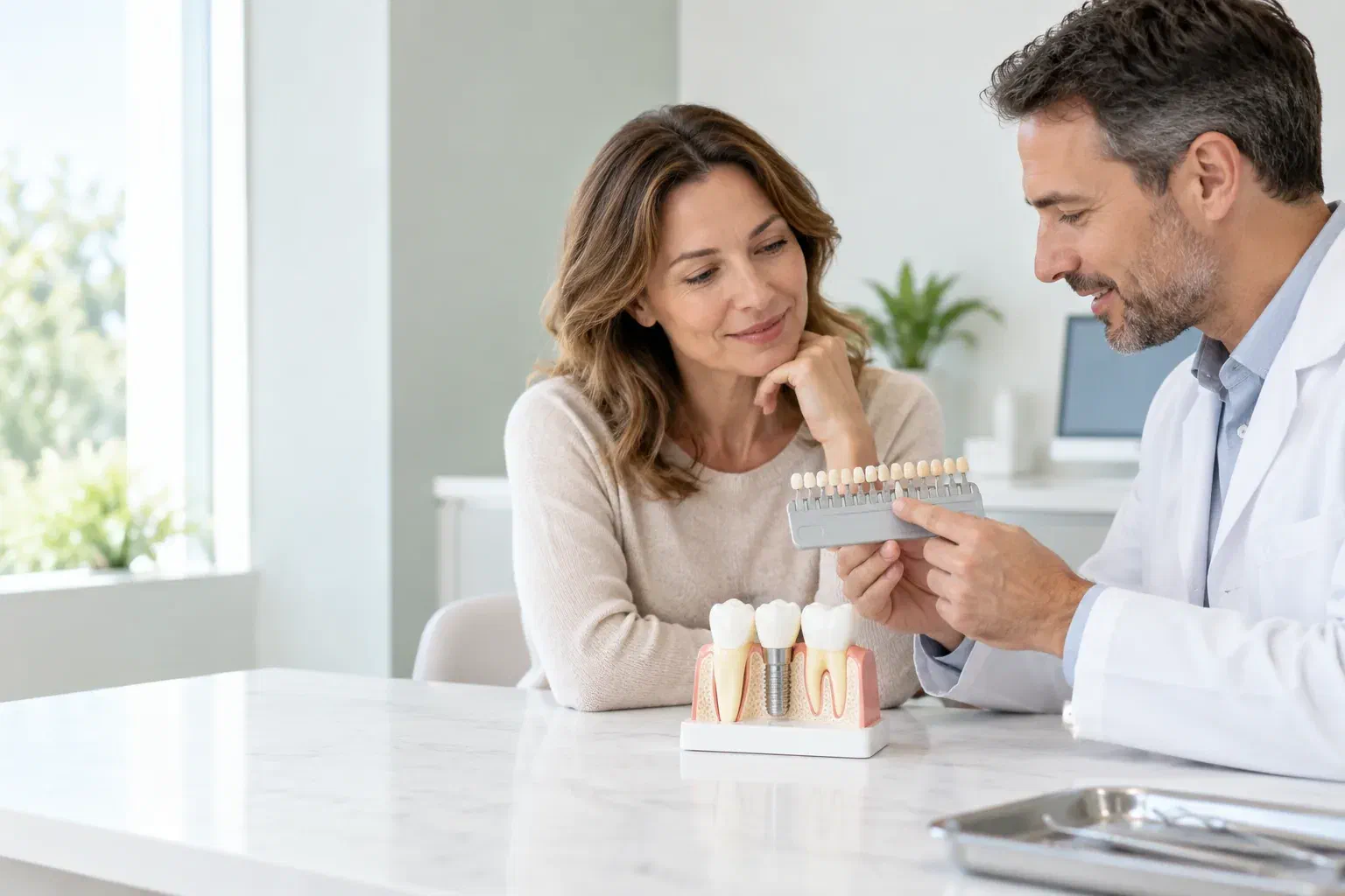 Illustrative consultation about the shape and shade of an implant crown