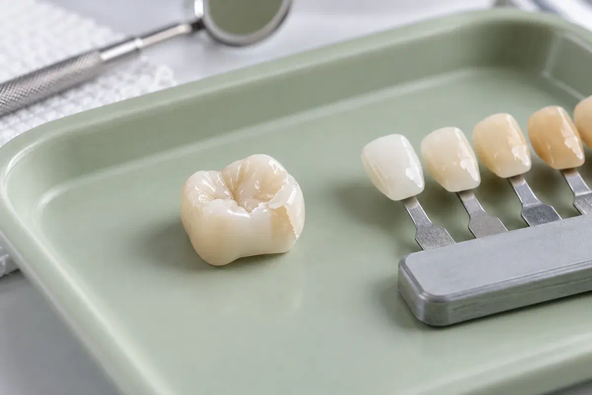 Ceramic implant crown with a small damaged edge beside a shade guide