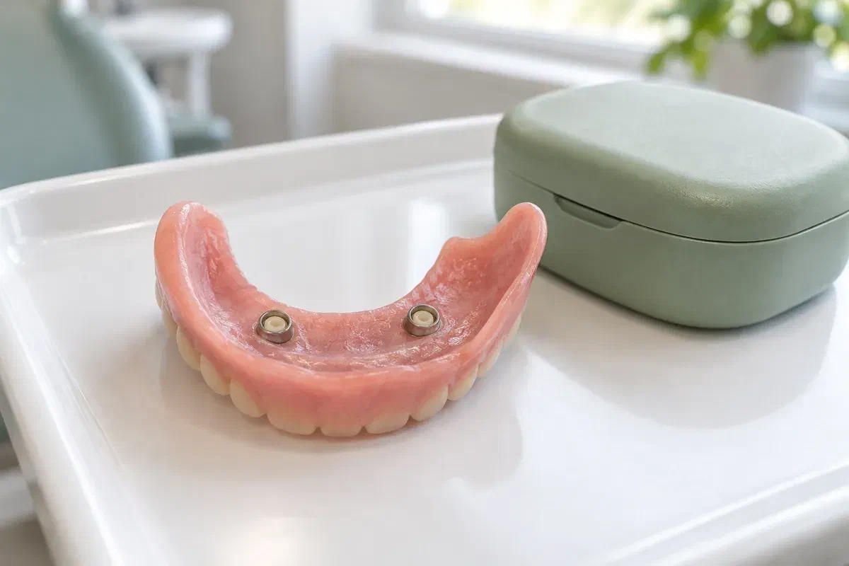 Illustrative fitting surface of a removable overdenture with two attachment housings
