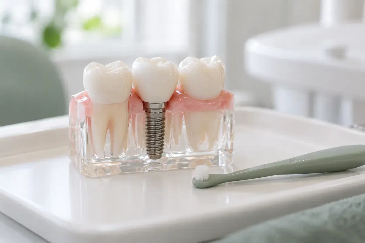 Implant teaching model beside a small brush used to illustrate targeted cleaning