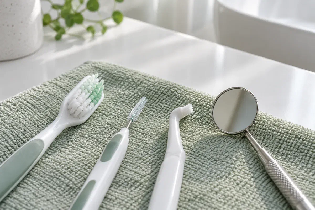 Soft toothbrush, interdental brush, single-tuft brush and dental mirror on a pale towel