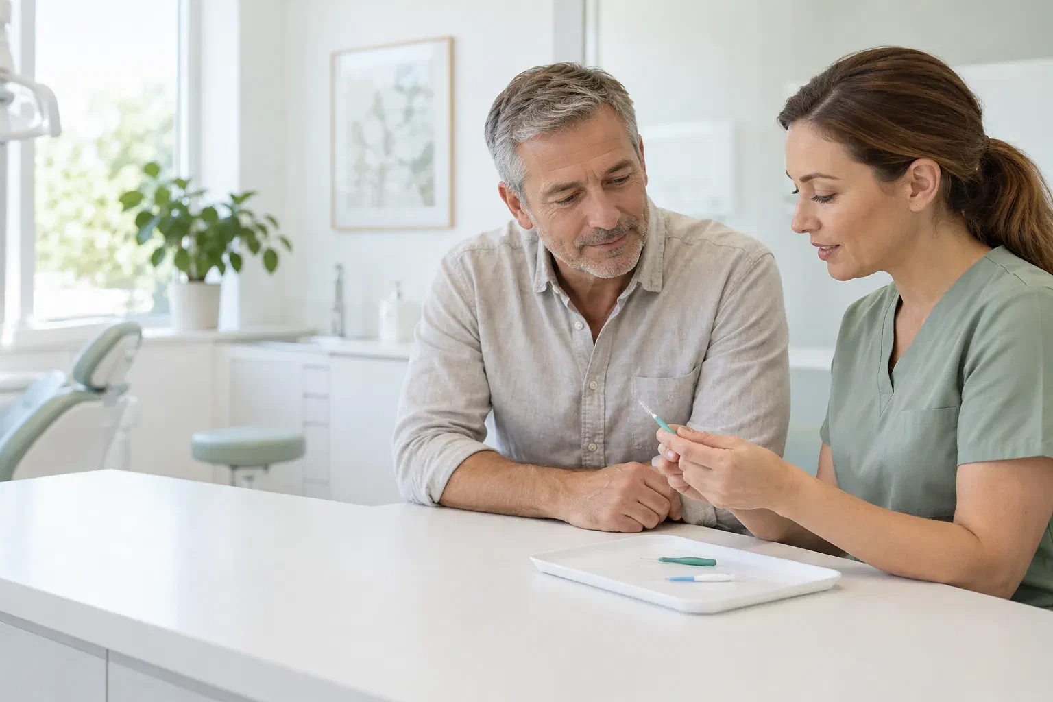 Illustrative patient and hygienist discussing cleaning tools for an implant restoration