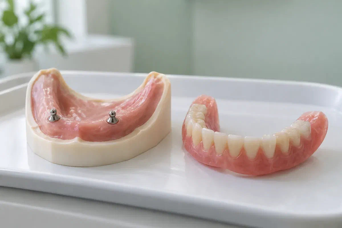 Lower removable overdenture beside a teaching model with two implant attachment heads