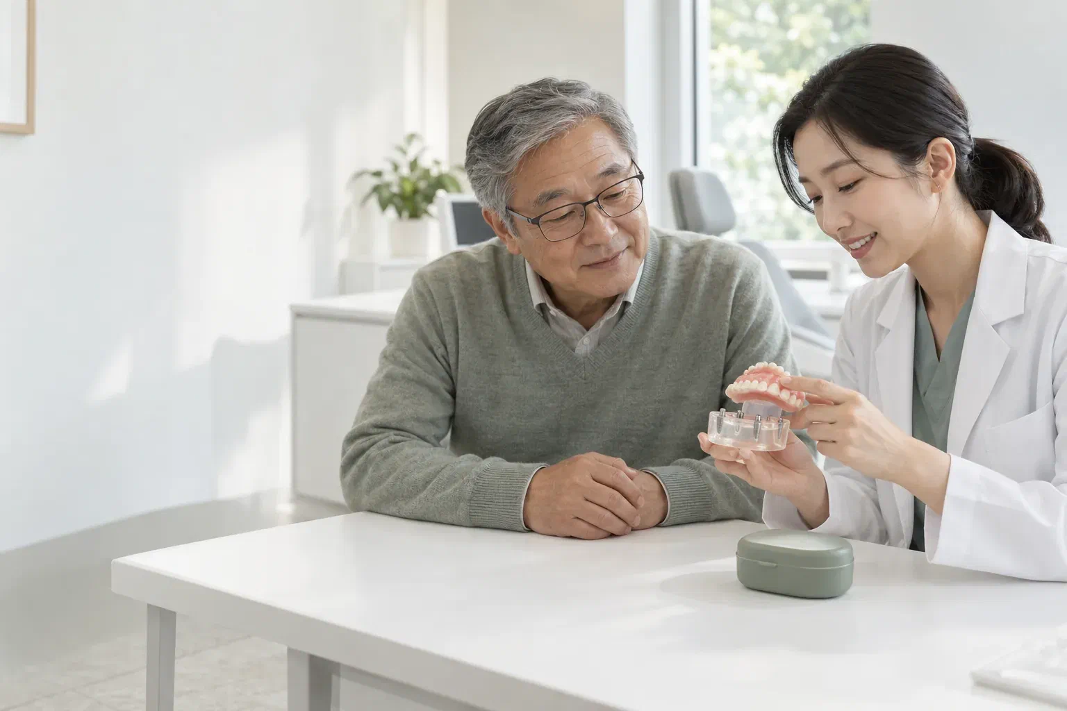 Illustrative patient and dentist reviewing an implant denture teaching model