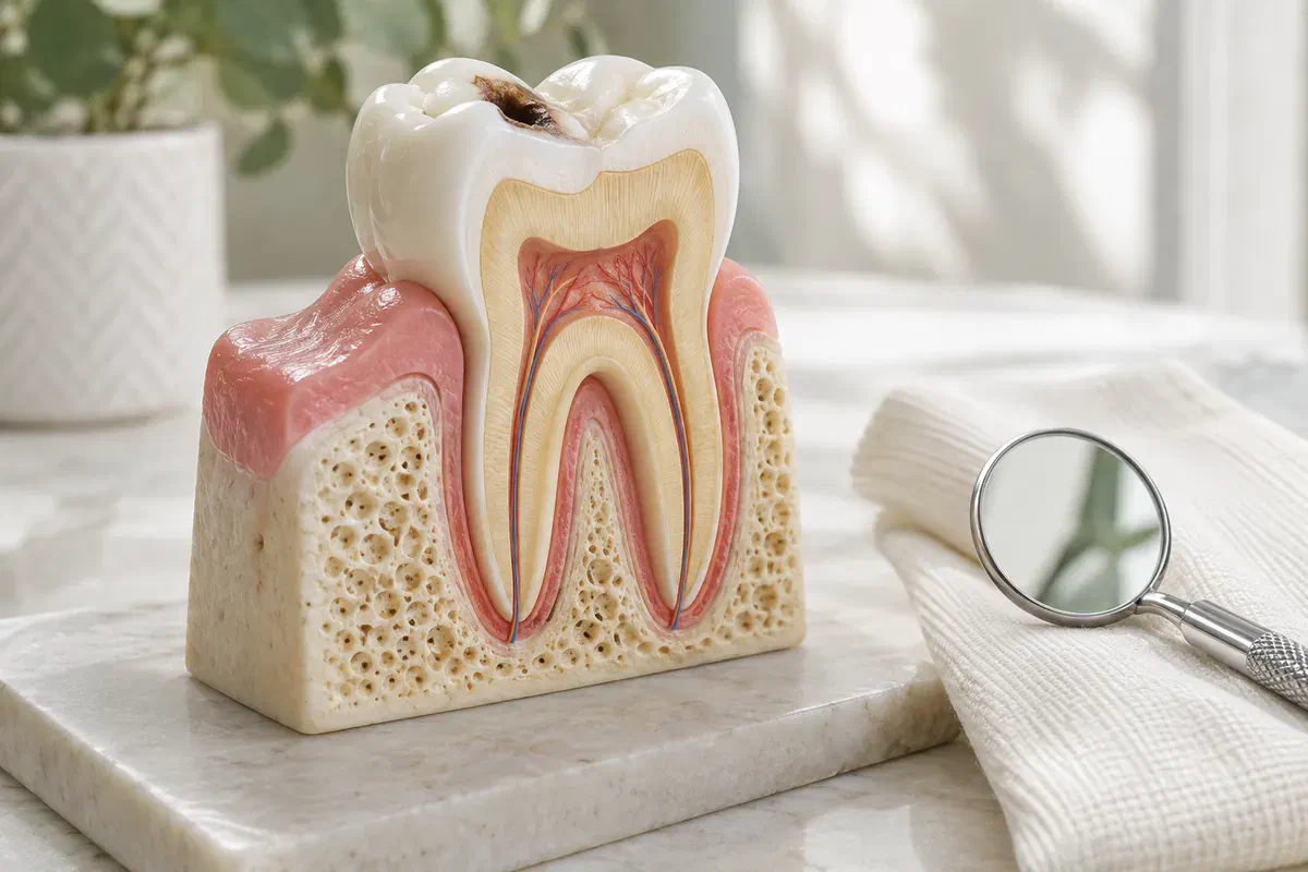 Illustrative physical molar cross-section showing decay within a supported tooth model