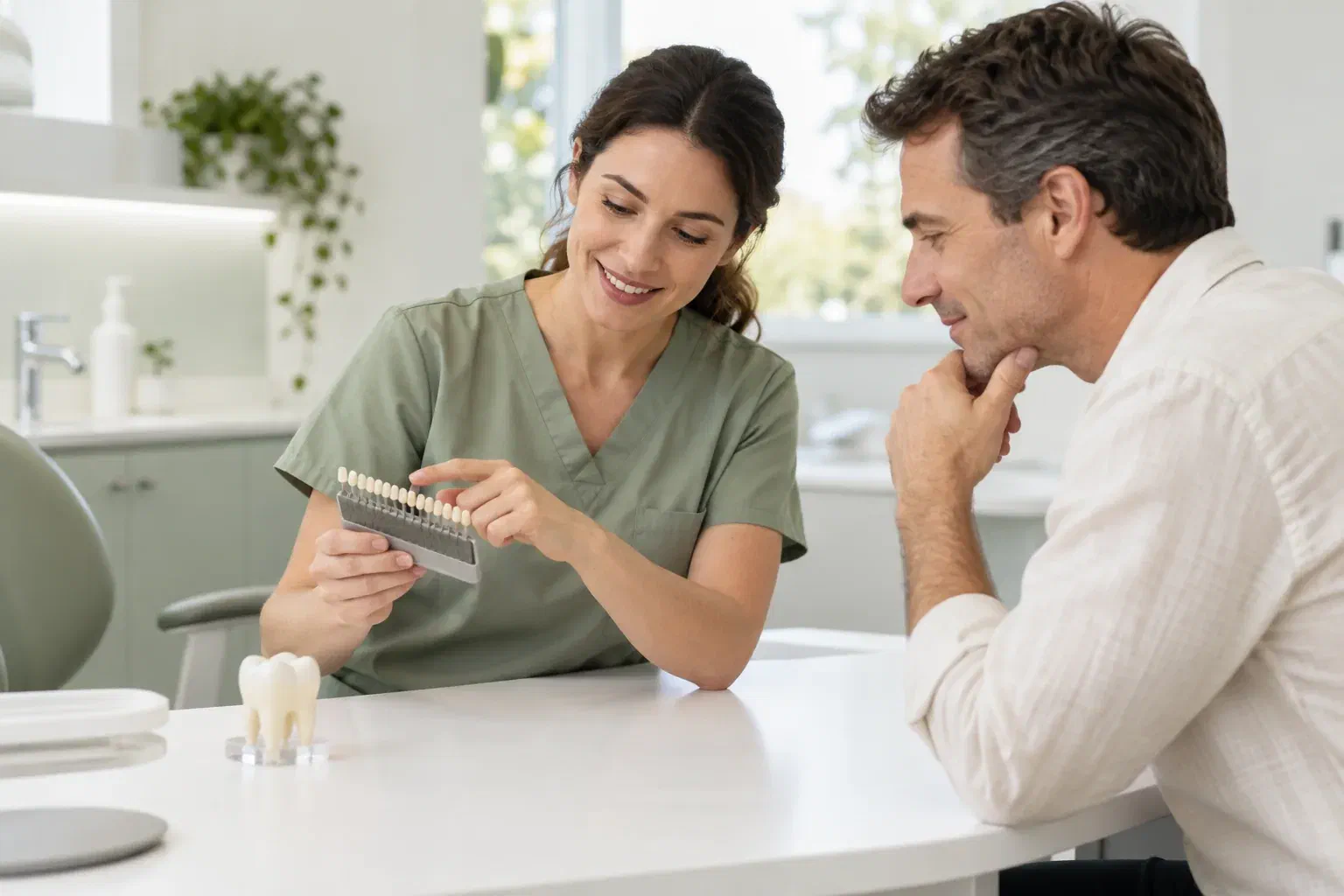 Illustrative patient and dental clinician comparing tooth shades during a consultation