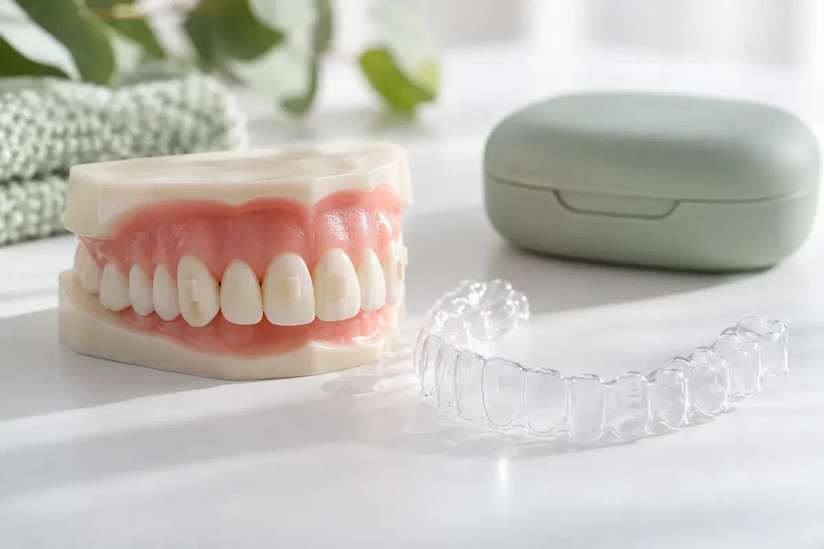 Illustrative tooth model with small tooth-coloured attachments beside an aligner and case