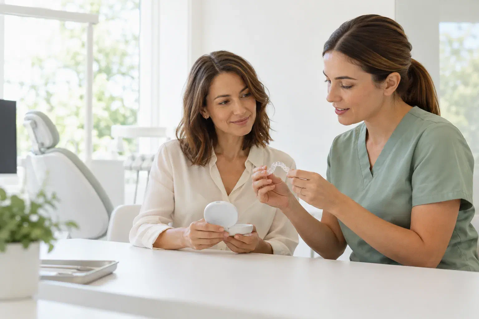 Illustrative patient and dental clinician reviewing an aligner beside its protective case