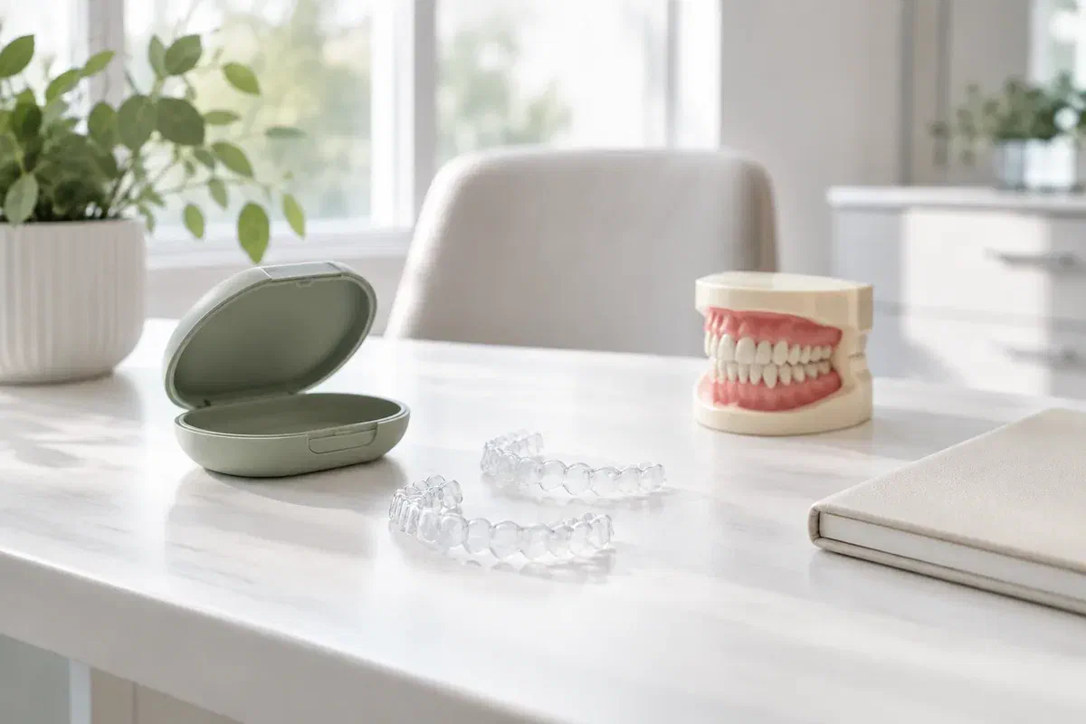 Illustrative aligners, protective case, tooth model, and notebook on a consultation desk