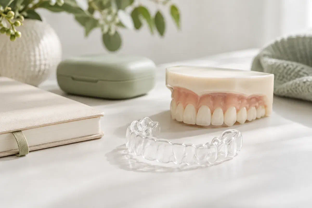 Illustrative clear aligner, tooth model, notebook, and protective case