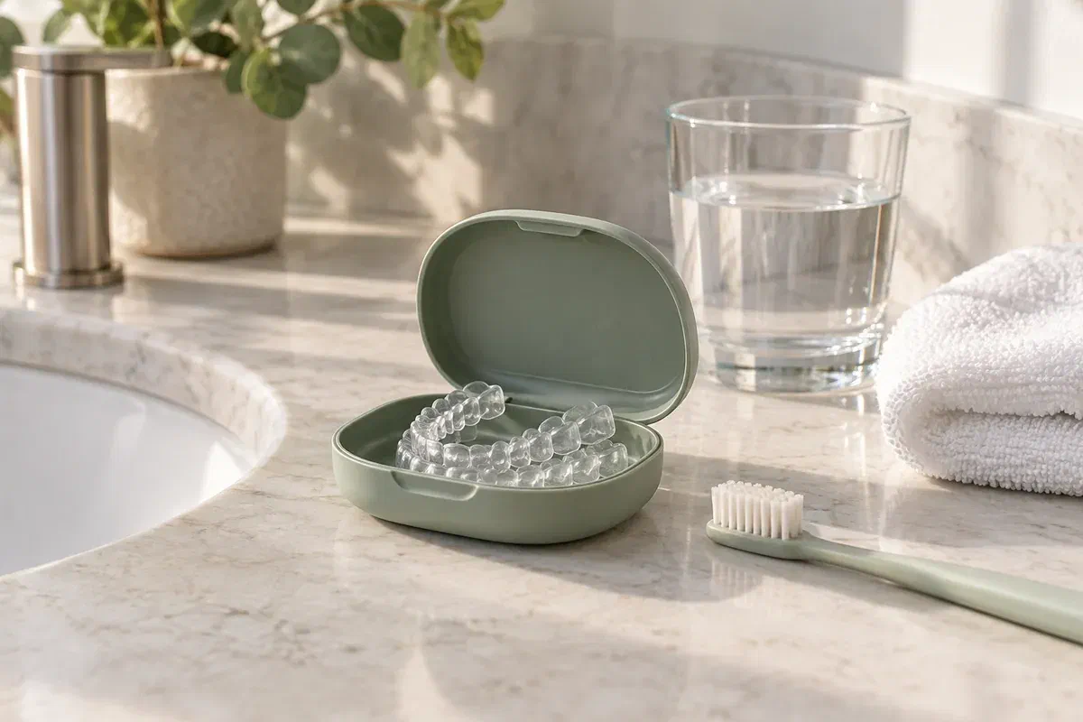 Illustrative adult aligner-care arrangement with a case, toothbrush, towel, and water