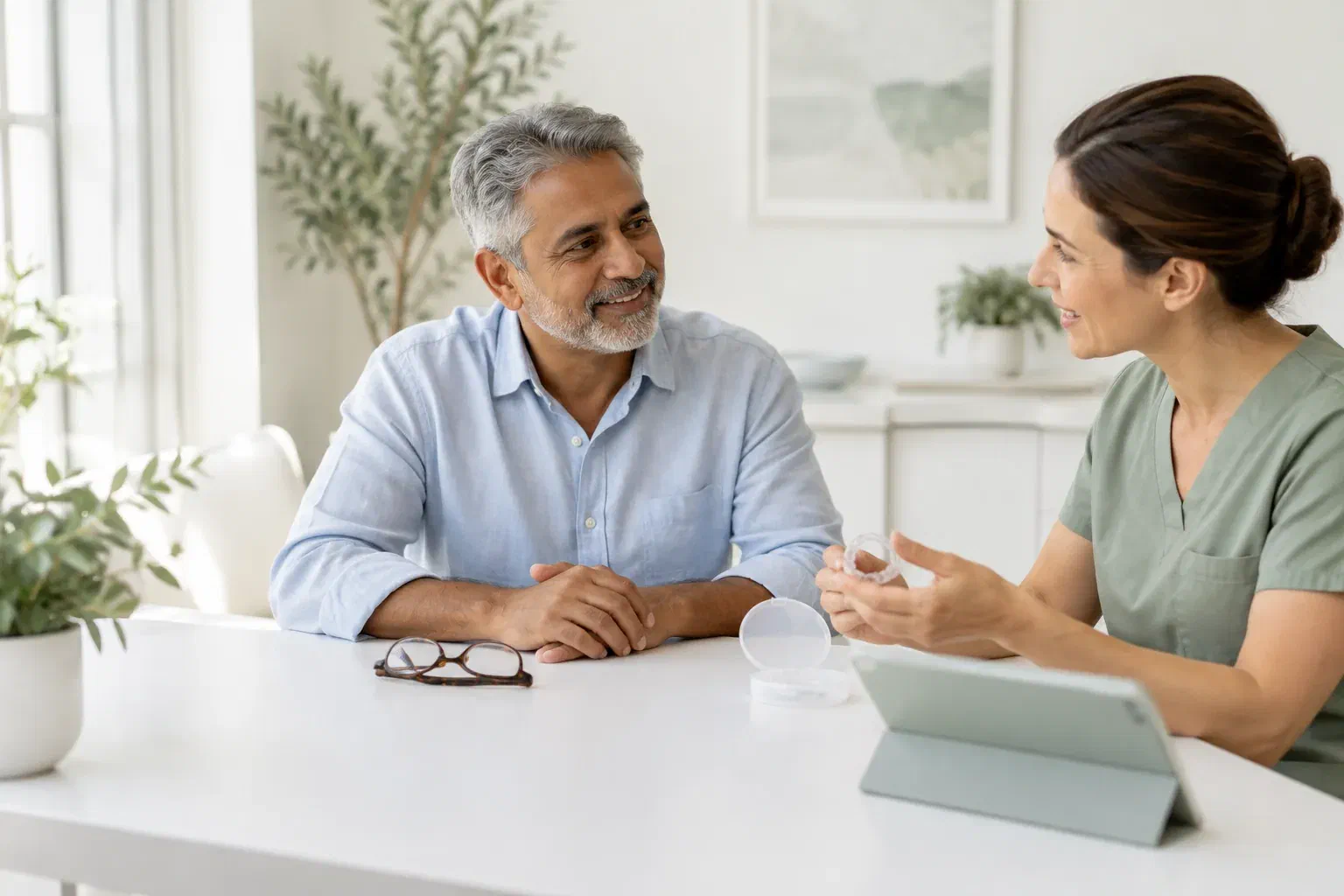 Illustrative adult patient discussing clear aligners with a dental clinician