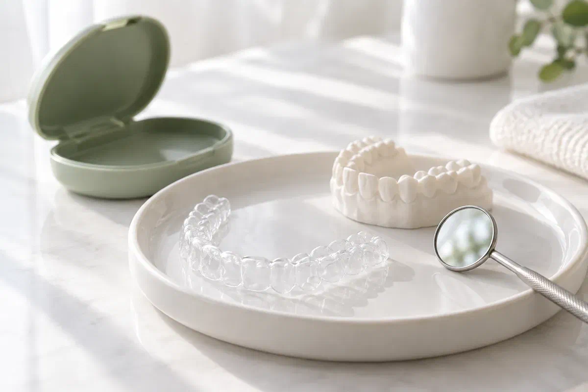 Illustrative clear aligner, tooth model, dental mirror, and protective case