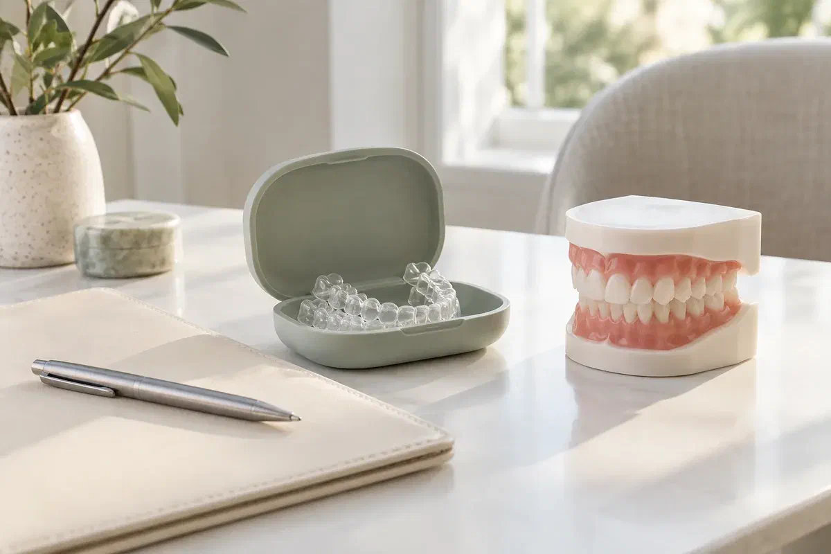 Illustrative consultation folder, pen, clear aligners, protective case, and tooth model