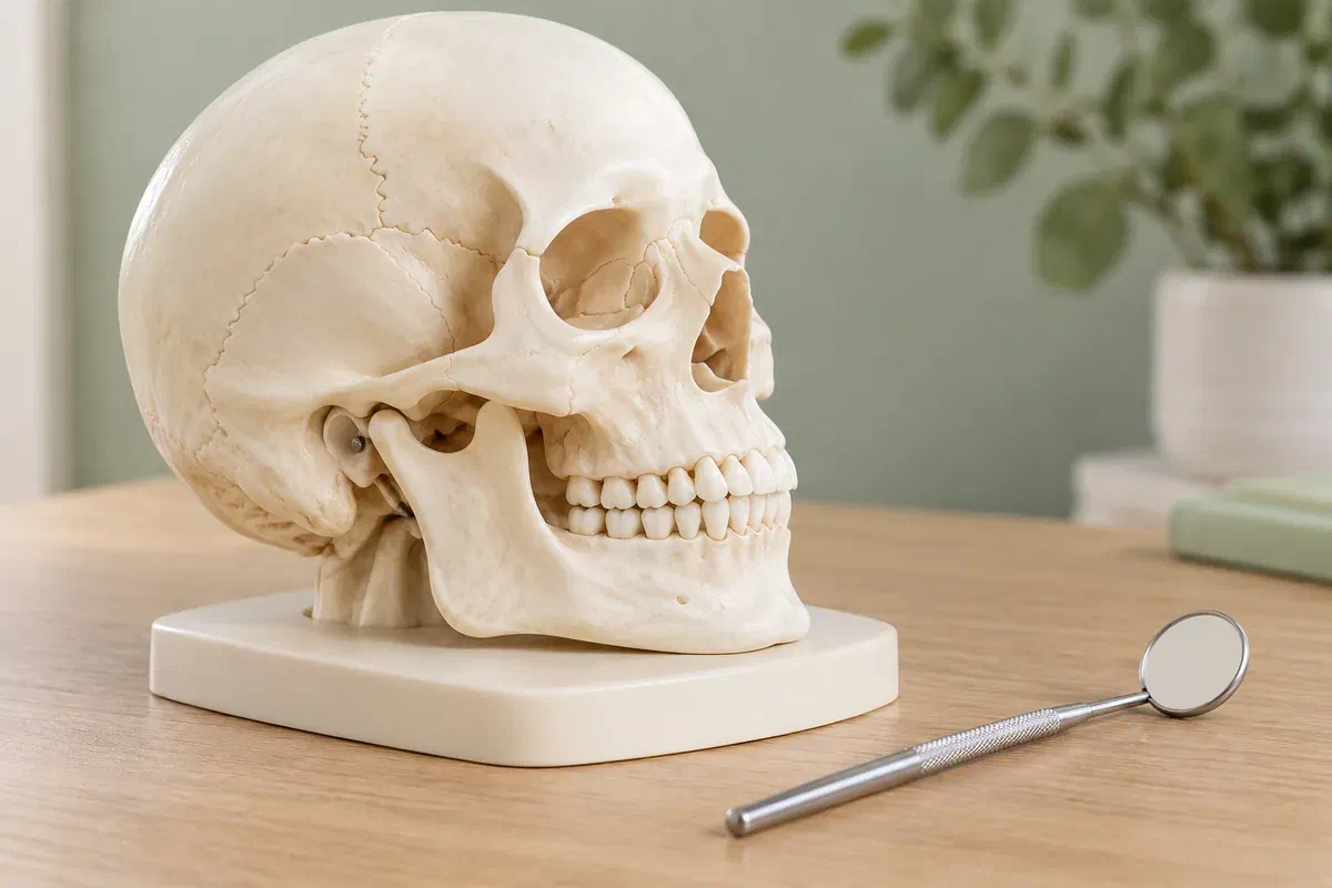 Illustrative anatomical skull model with an attached lower jaw and visible joint region