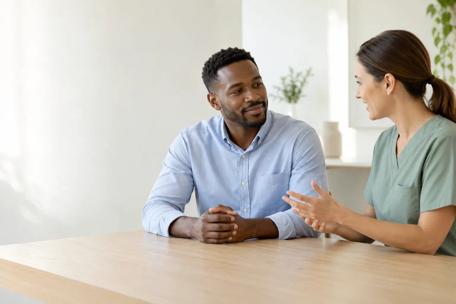 Illustrative patient calmly discussing jaw movement with a dental clinician