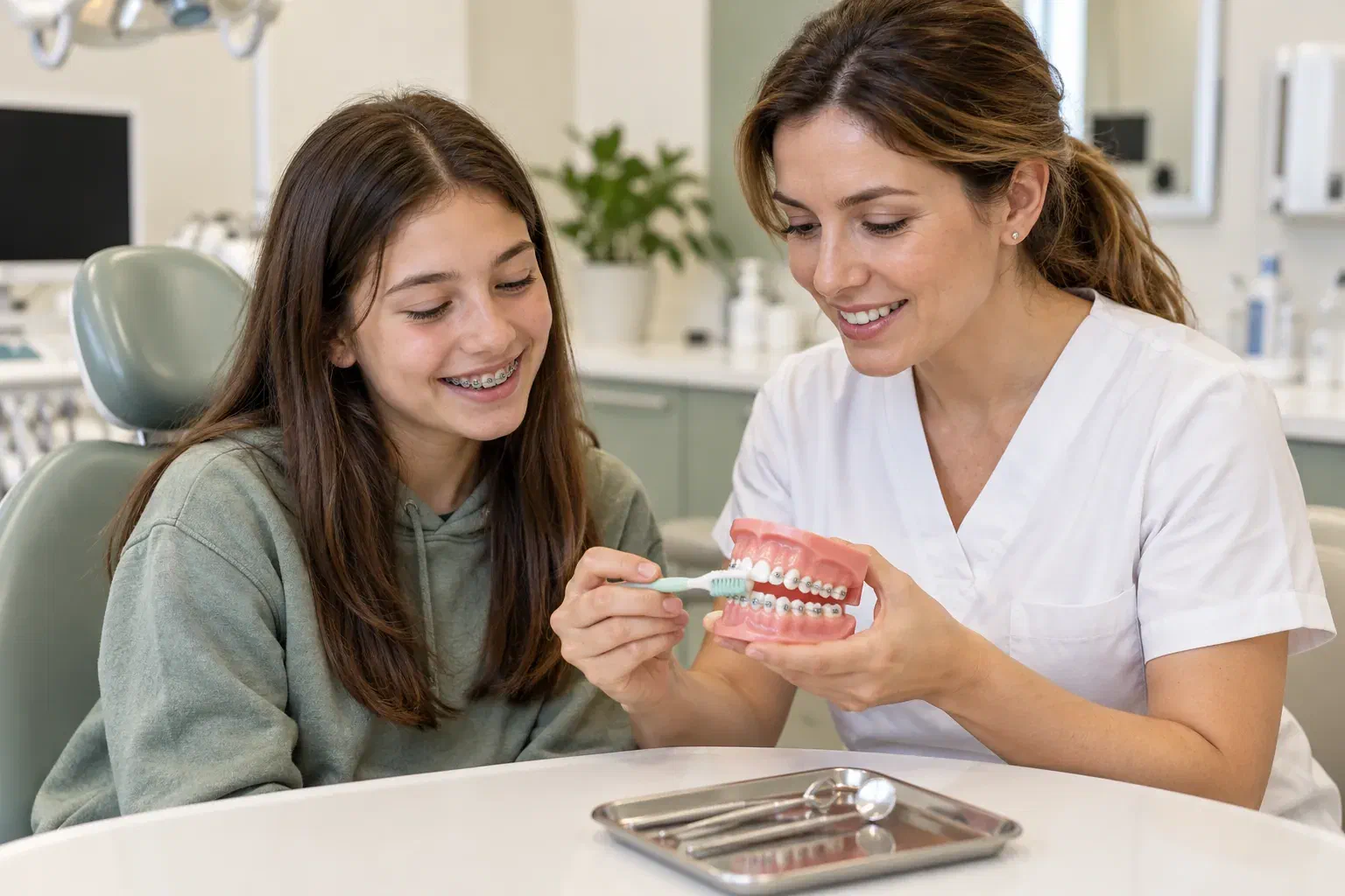 A teenager with braces learning to clean an orthodontic model with a dental professional