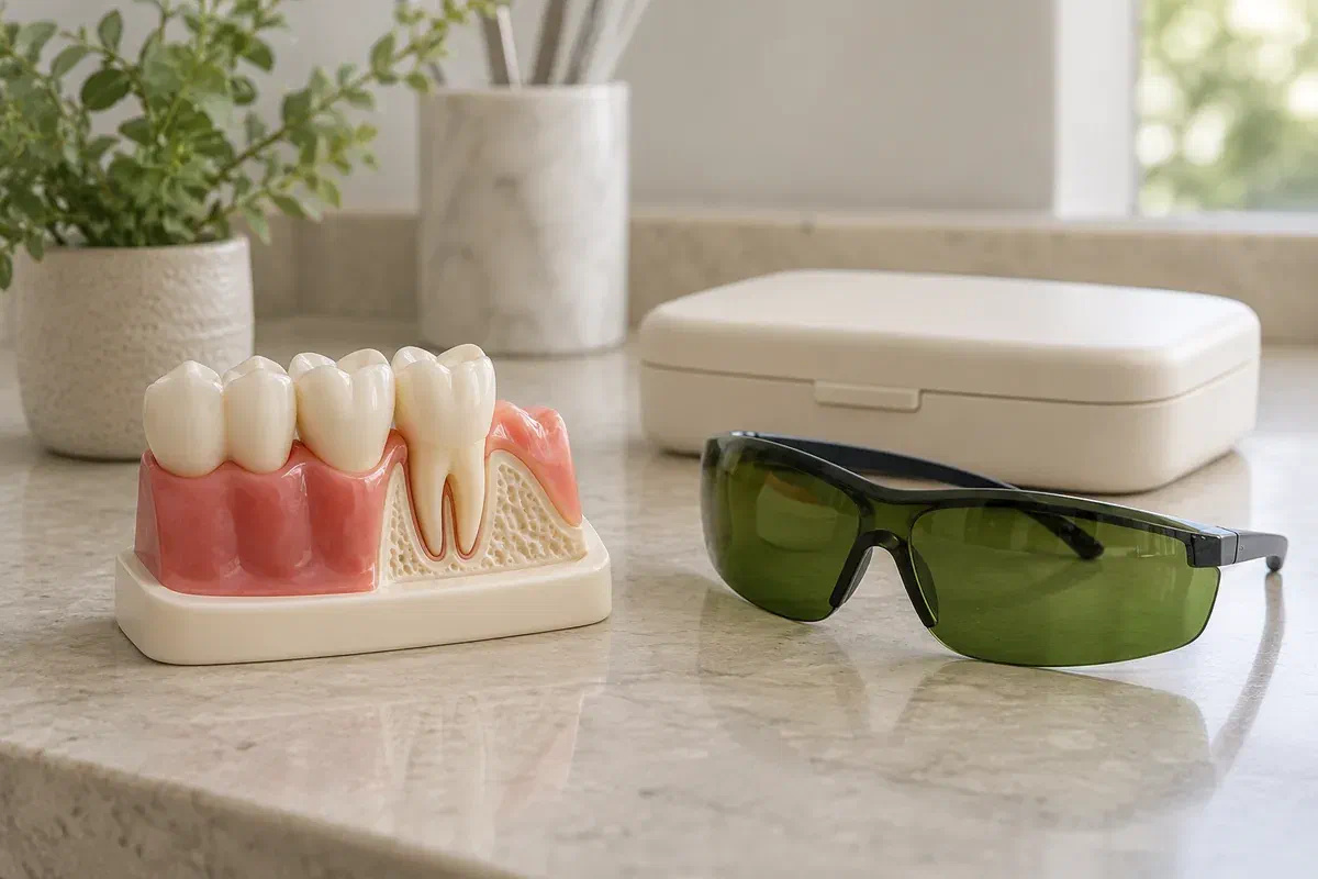 Illustrative gum model, protective eyewear, and a closed instrument case
