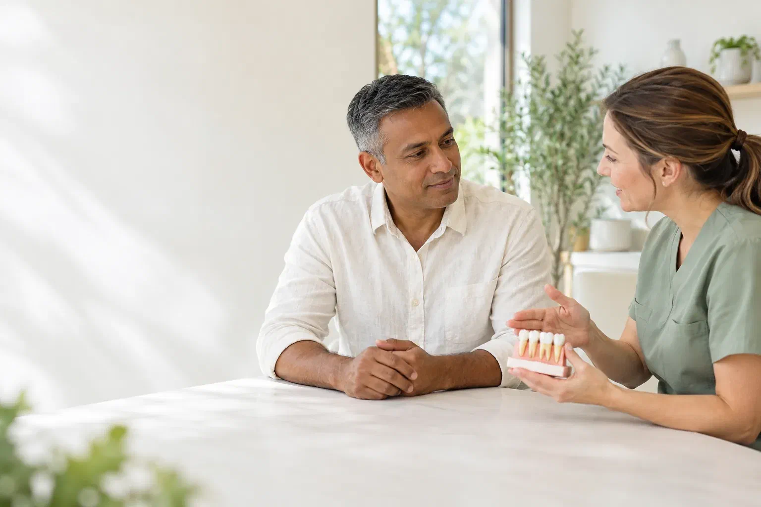 Illustrative patient discussing gum-treatment options with a clinician and a dental model