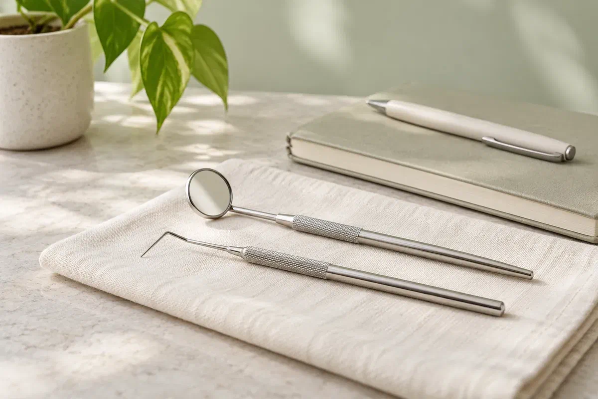 Illustrative dental examination instruments beside a closed notebook