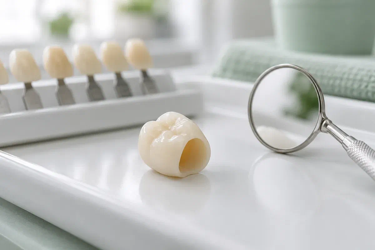 Hollow ceramic crown resting beside a dental mirror on a clean tray