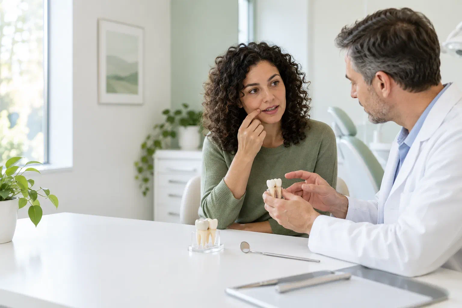 Illustrative patient discussing an unstable dental crown with a dentist