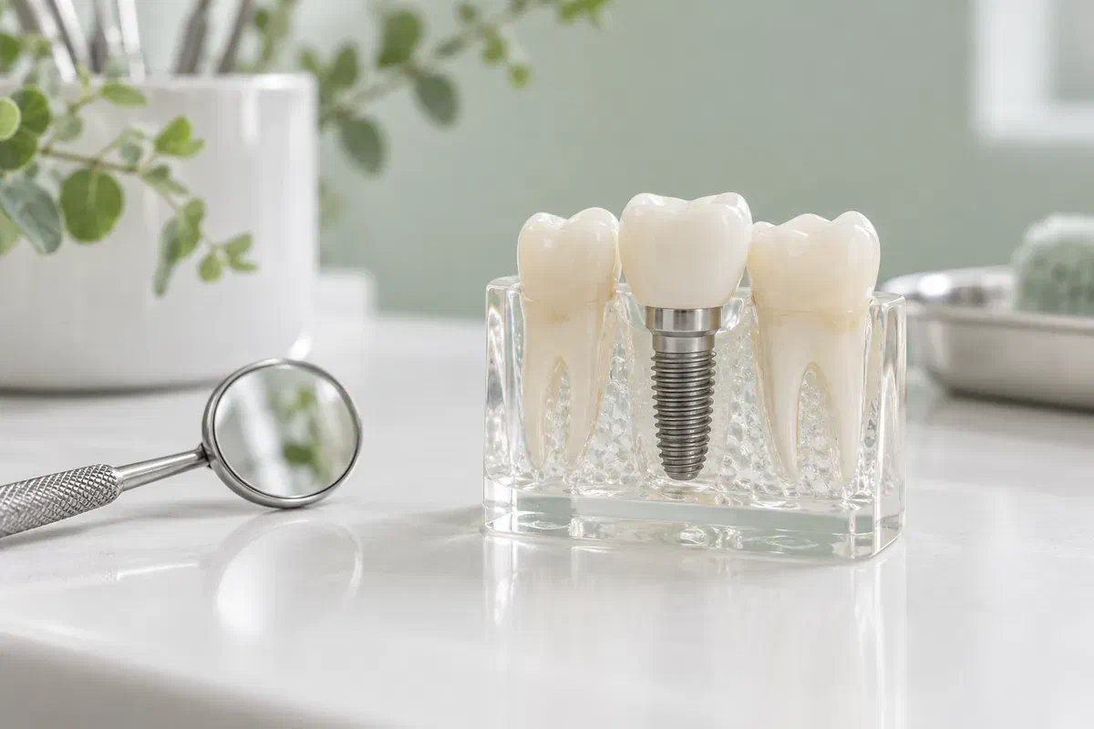 Single implant crown teaching model beside a mirror on a white counter