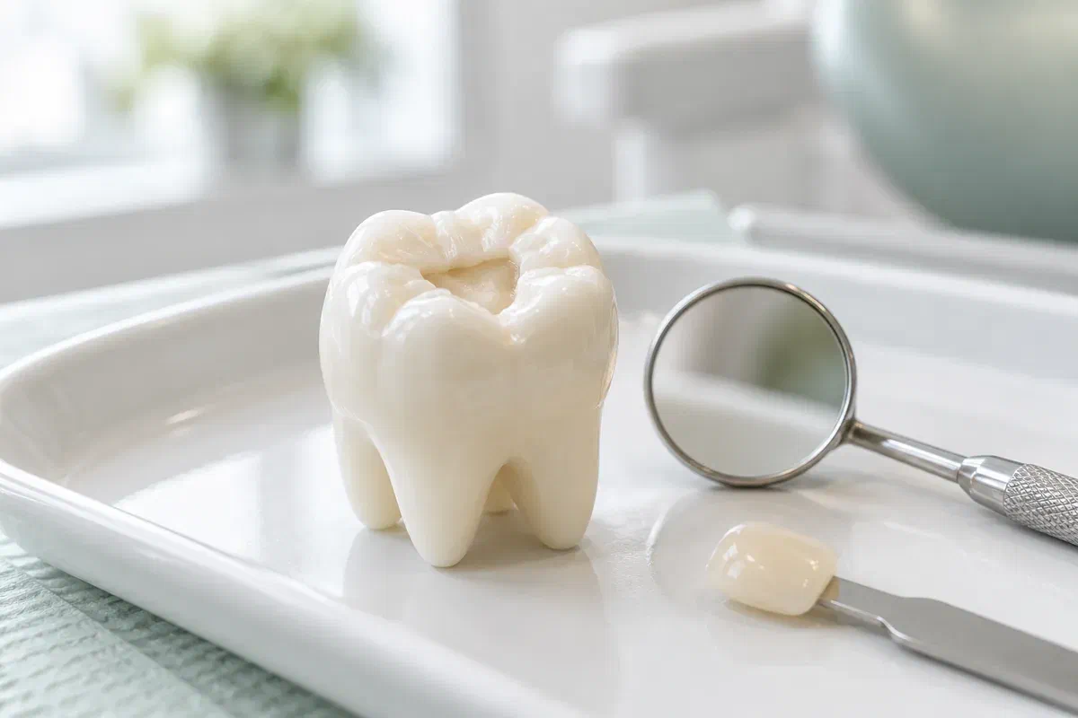 Molar teaching model with an unfilled central depression beside a dental mirror