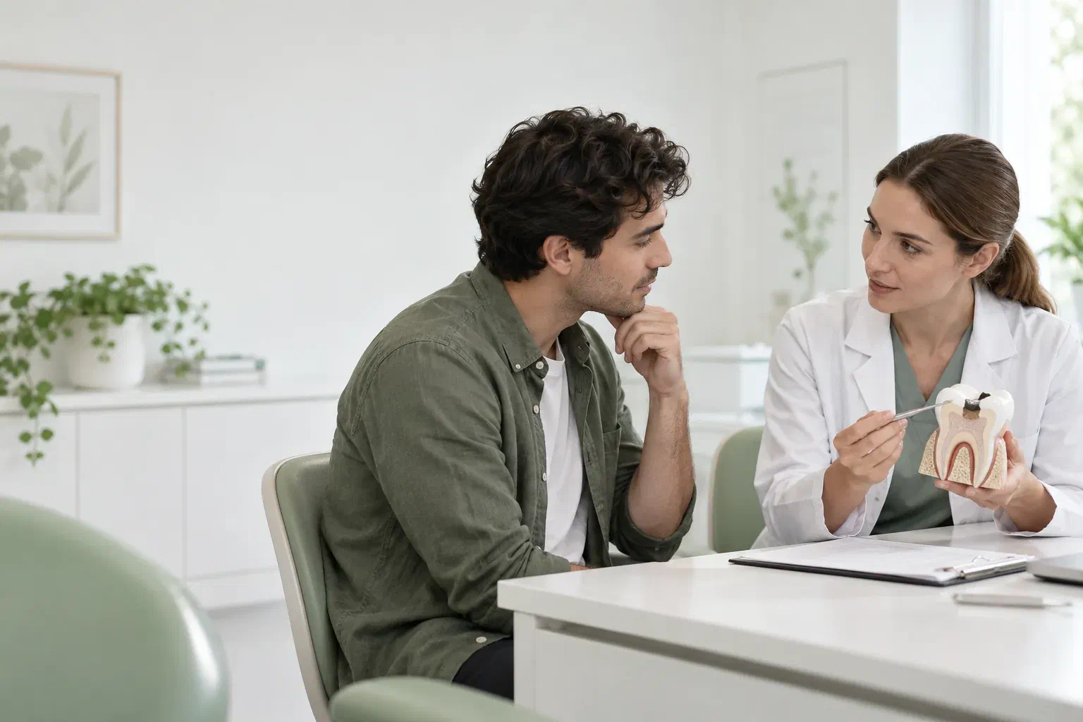 Illustrative dentist and patient discussing a tooth with a damaged filling