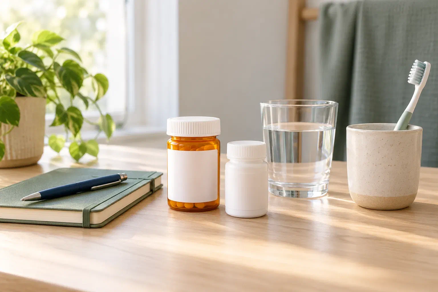 Unbranded medication containers beside a notebook, water, and a toothbrush
