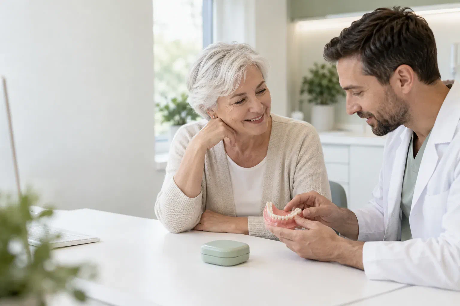 Illustrative discussion of denture retention with a patient and dentist