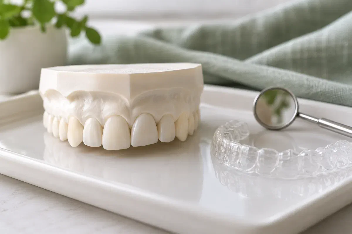 Illustrative upper-teeth model with a subtly rotated tooth beside a clear appliance
