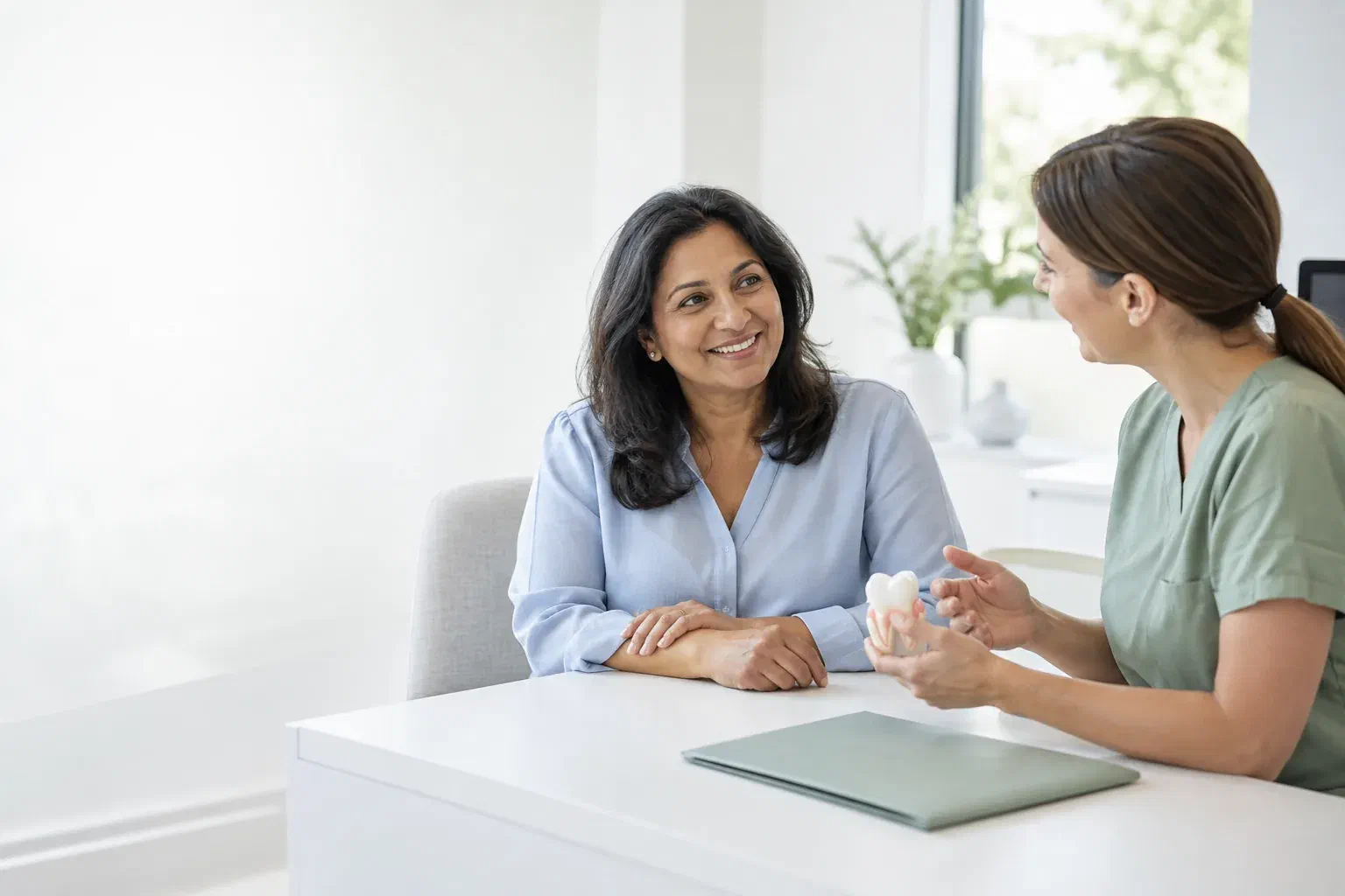 Illustrative first dental consultation with a patient and clinician