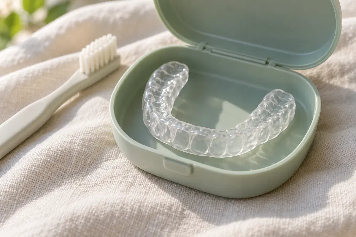Illustrative translucent dental nightguard in an open storage case beside a toothbrush